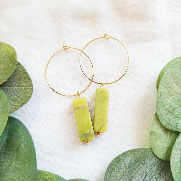 Green Serpentine Gold Hoop Earrings, Minimalist Boho Hoops, Natural Cottagecore - Picture 6 of 9